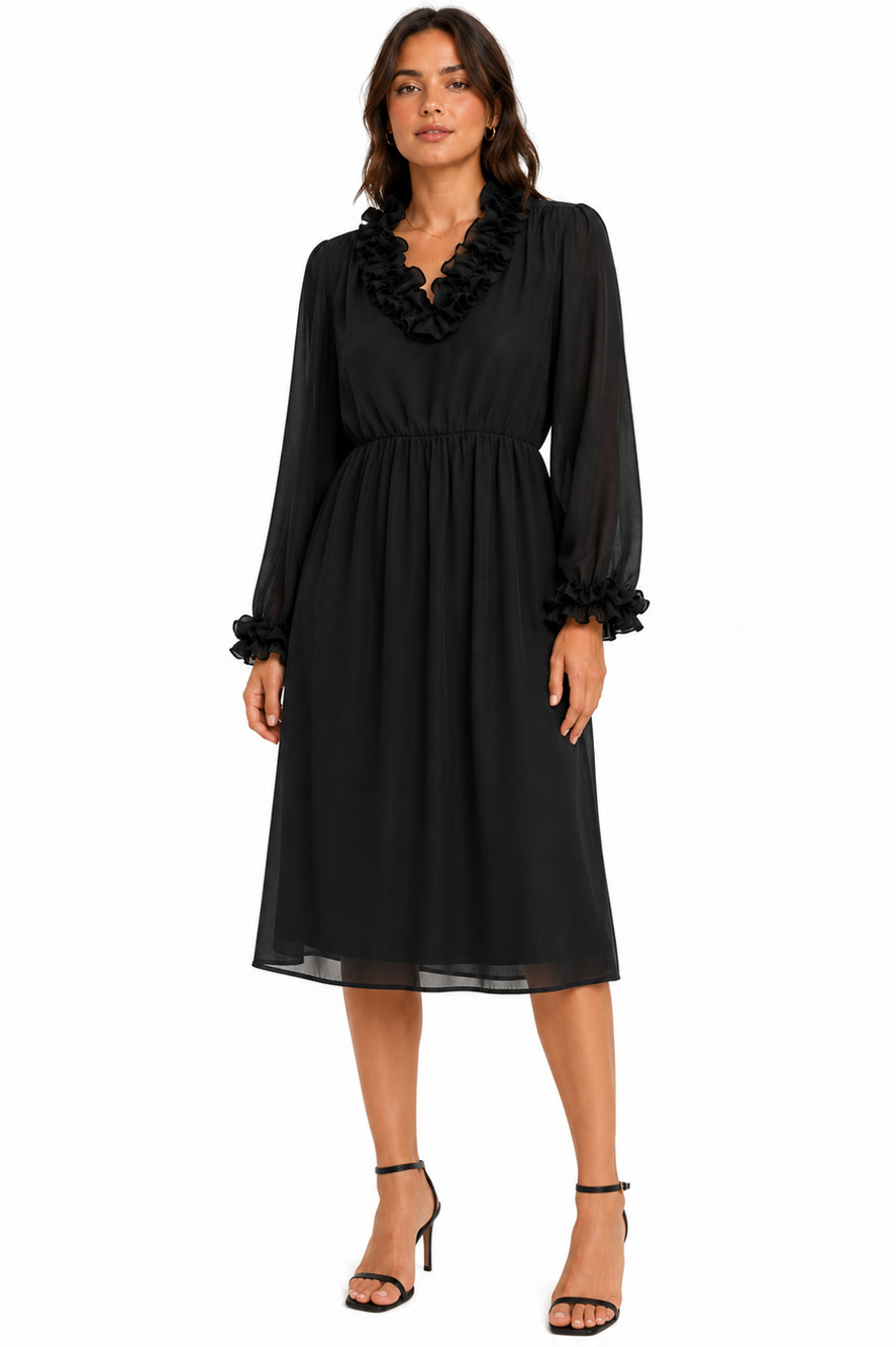 California Looks Black Ruffle Puff Long Sleeve Vintage Chiffon Babydoll Dress 6